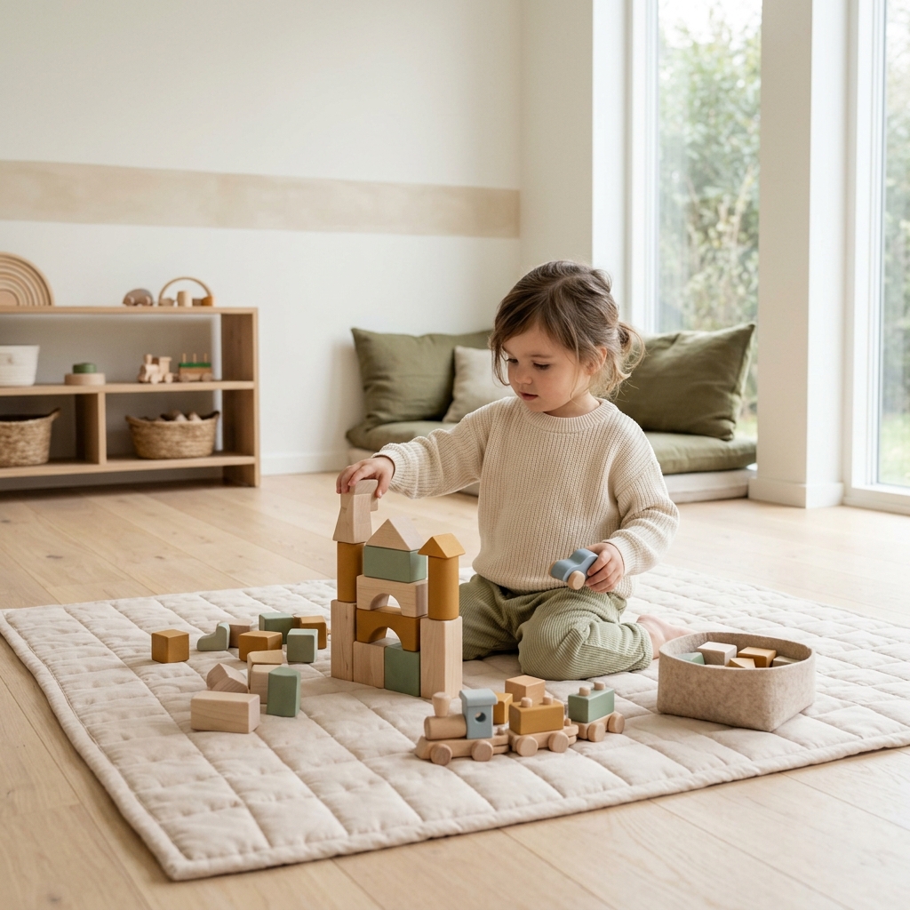Niño pequeño jugando feliz con bloques de madera en zona infantil acolchada.