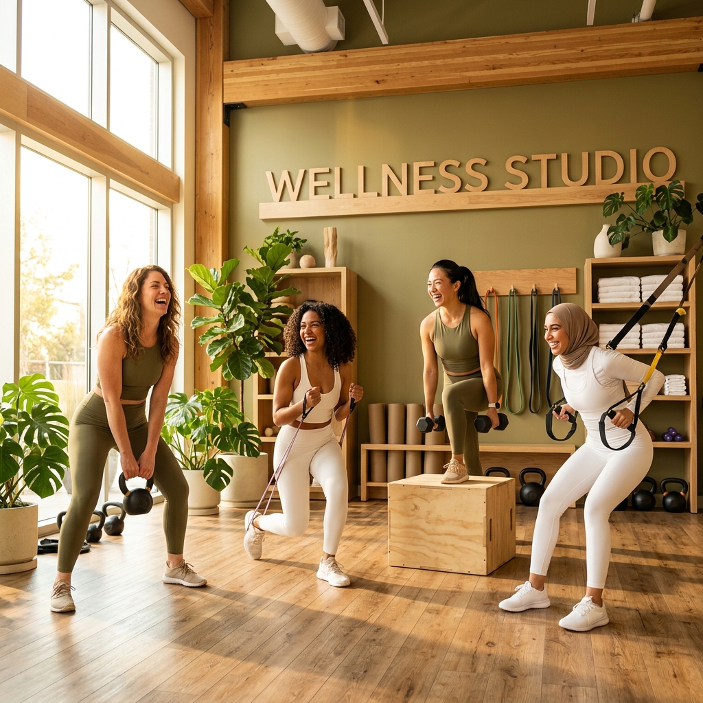 Grupo de mujeres sonriendo y haciendo ejercicio funcional con entrenadora.